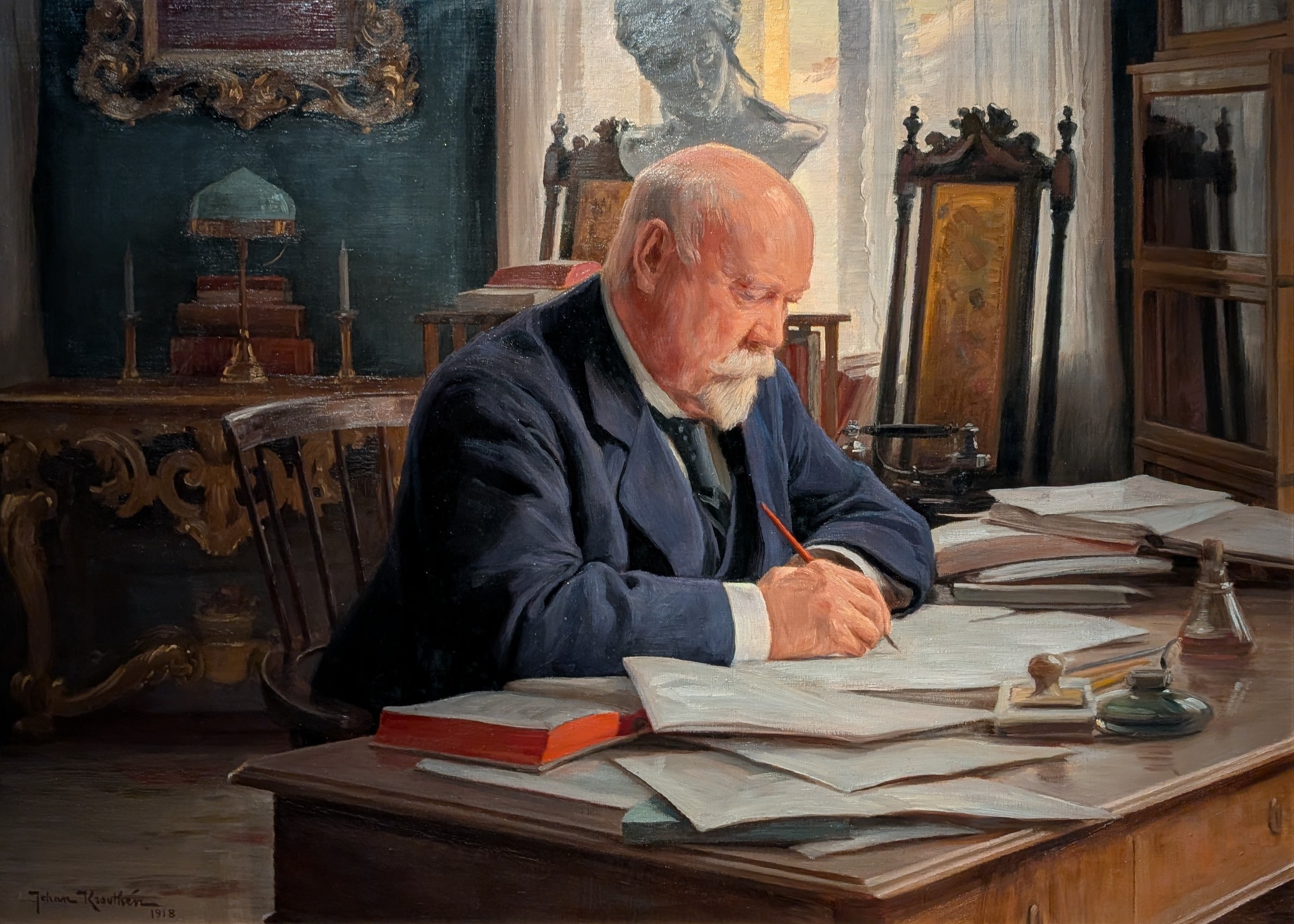 Kapten Anton Ridderstad vid sitt skrivbord by Johan Krouthén