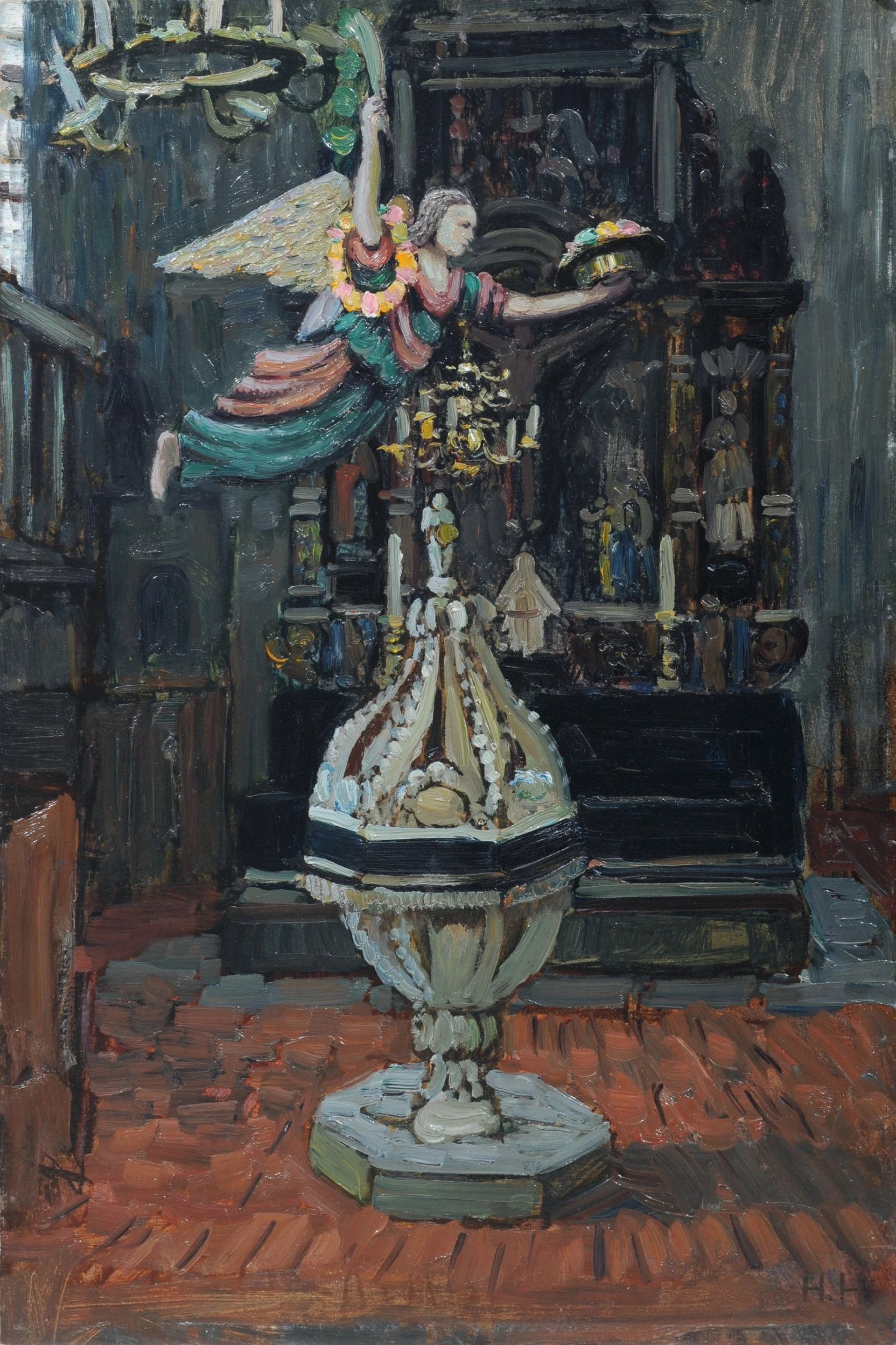Kircheninterieur mit Leuchterengel (Pommern), Hans Hartig
