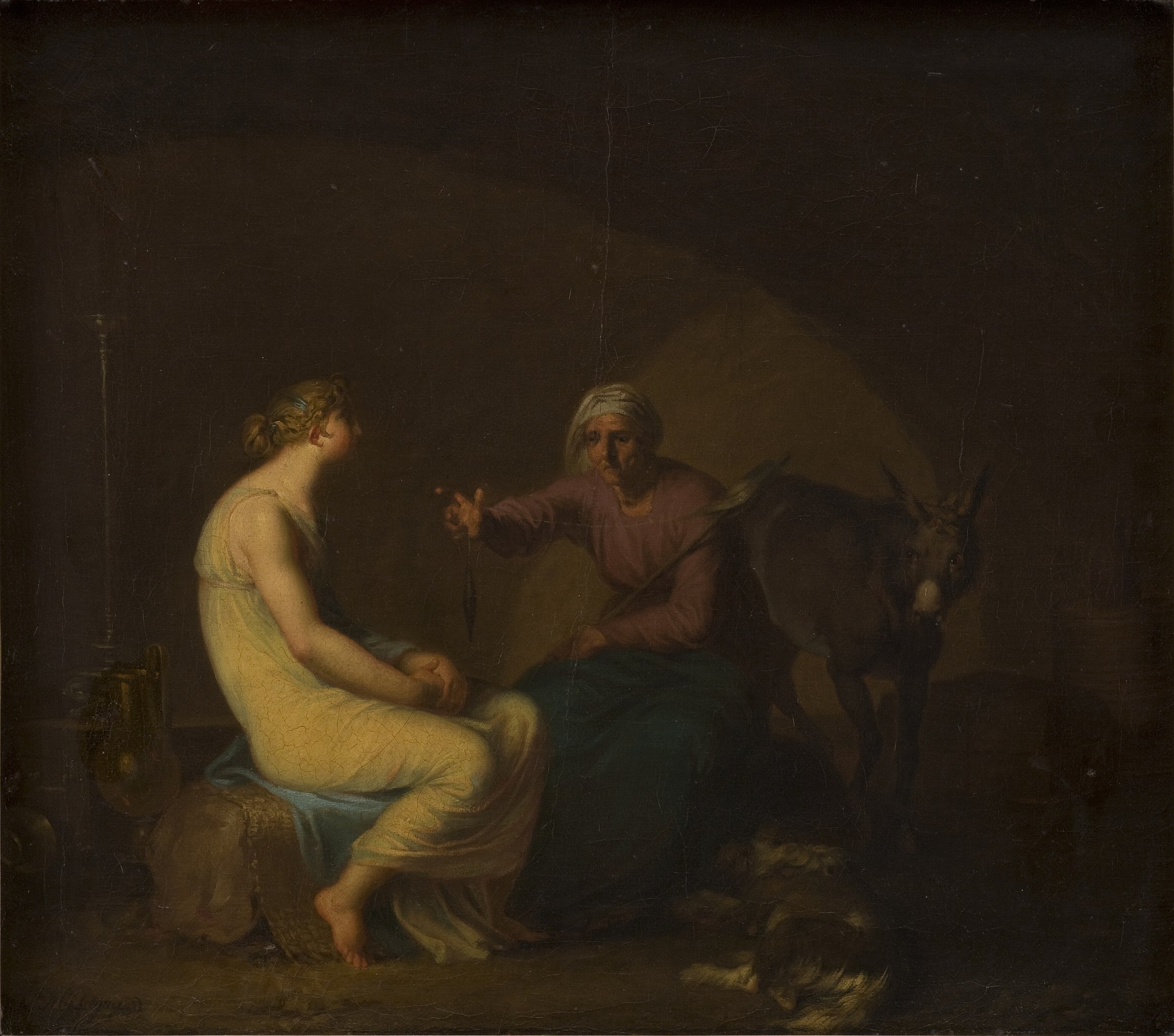 The robber's housekeeper comforts the young girl by telling the myth of Amor and Psyche, Nicolai Abildgaard
