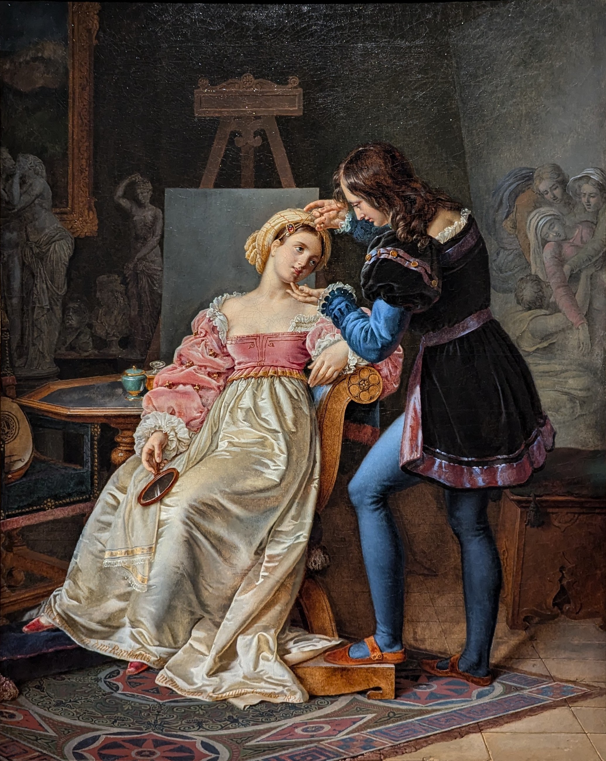 Raphael straightening Fornarina's hair before painting her portrait by Marie-Philippe Coupin de la Couperie