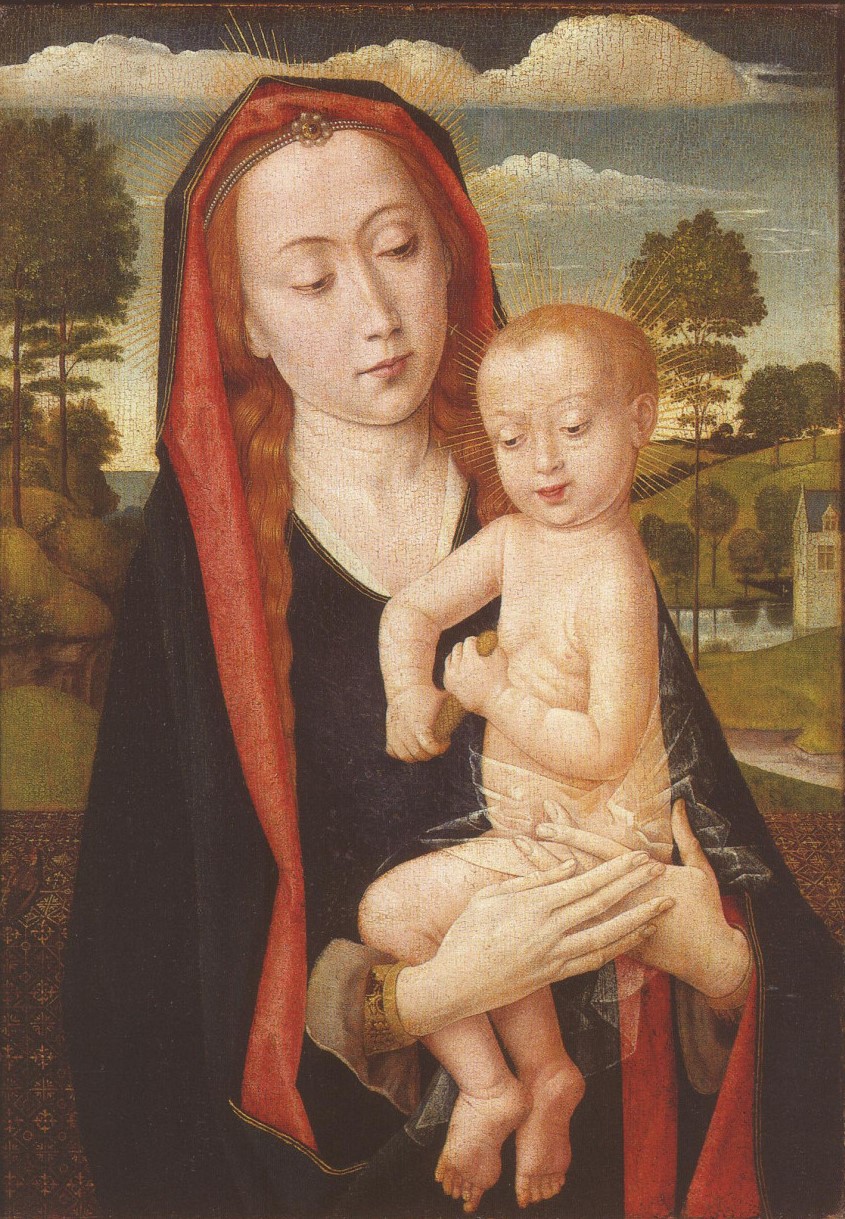 Virgin and Child in half-length, with a landscape background by Hugo van der Goes