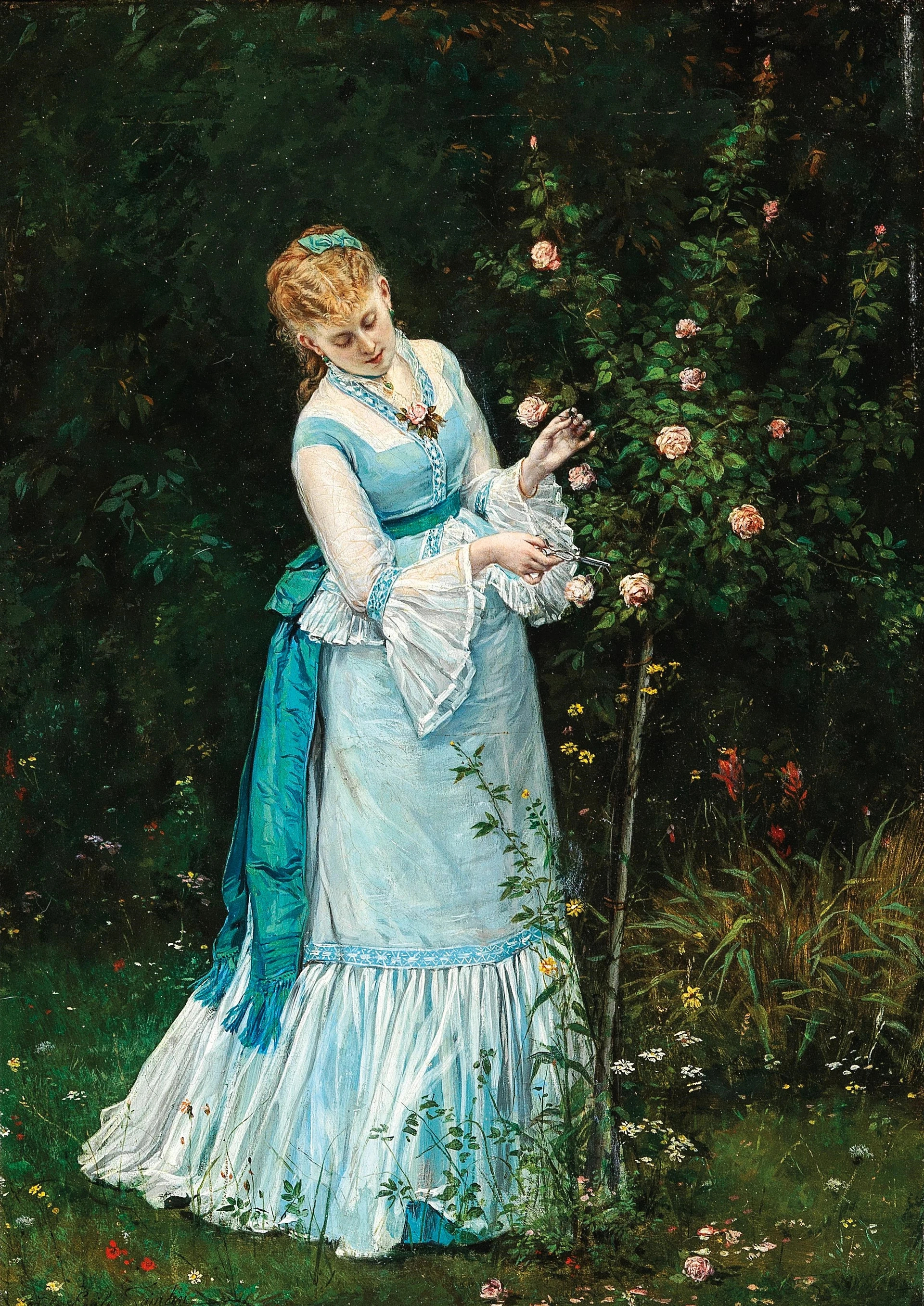 A Lady Cutting Roses by Jules-Émile Saintin