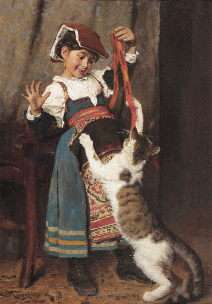 En lille Pige, staaende hel Figur i Bondedragt, leger med en Kat by Peder Severin Krøyer