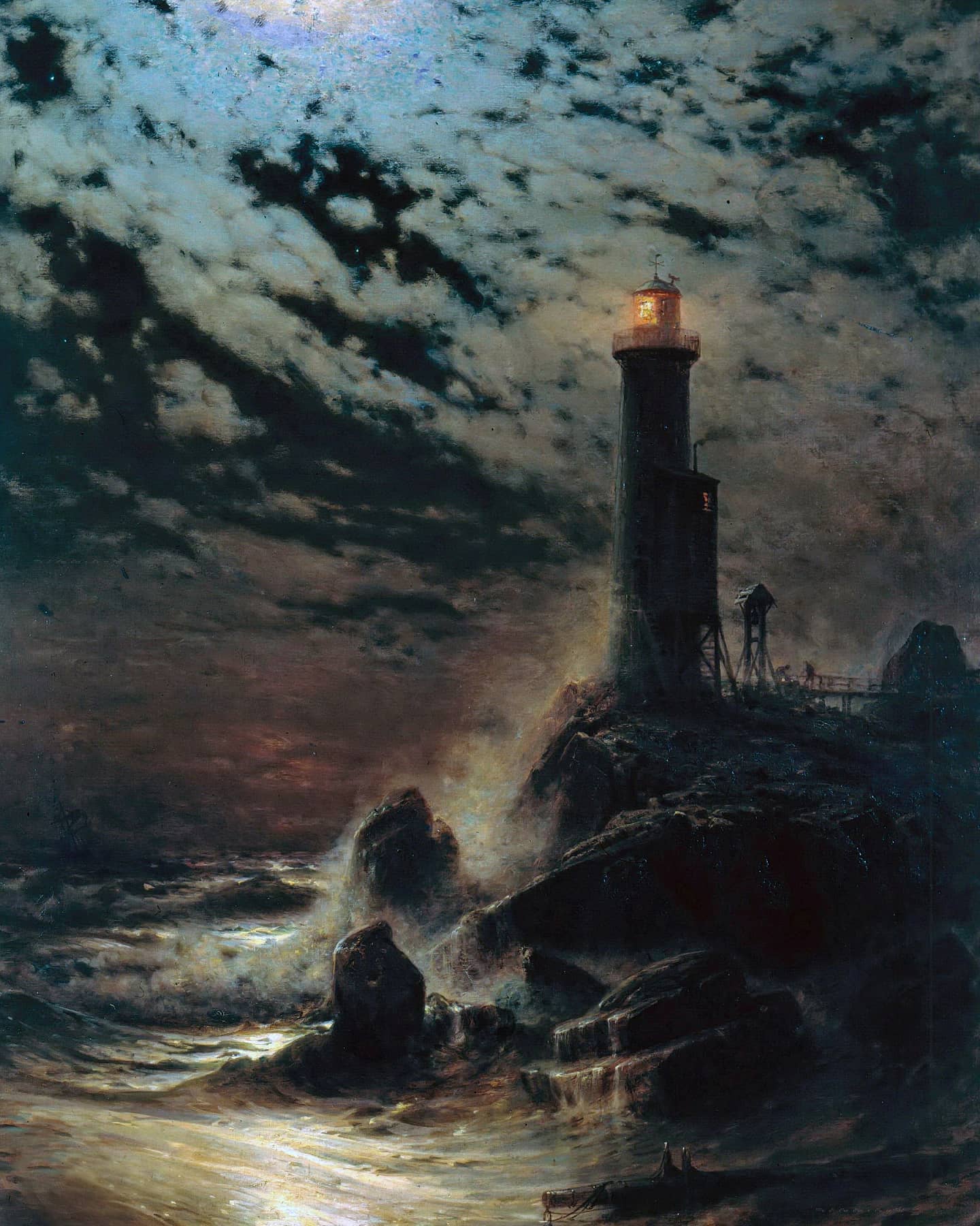 Lighthouse on a Cliff by Moonlight by Hermann Eschke