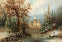 Romantische Winterlandschaft mit Schlittschuhläufern vor einem Schloss by Albert Bredow