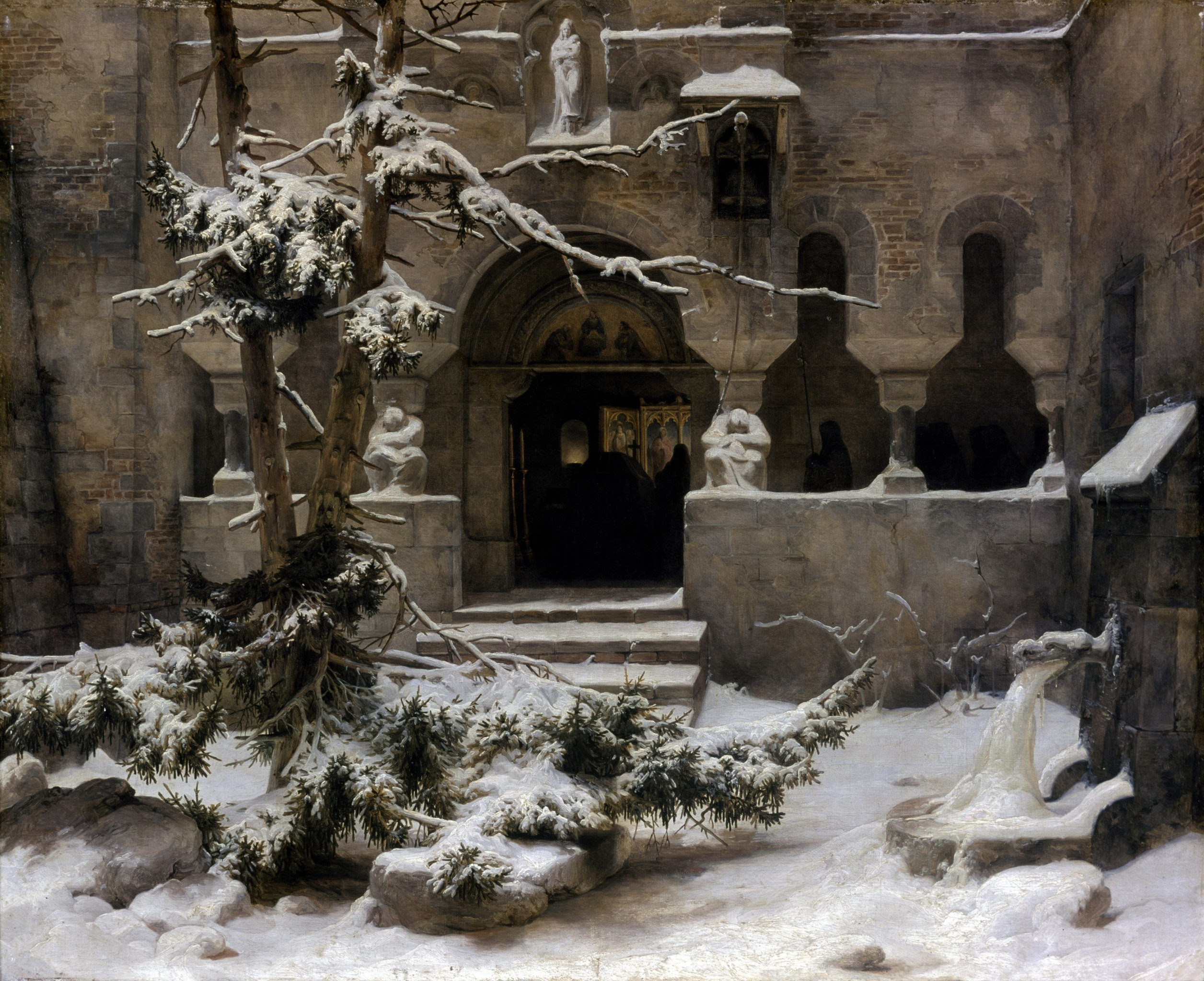 Monastery Courtyard in the Snow, Karl Friedrich Lessing