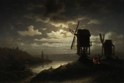 Nocturnal landscape with windmills by Józef Marszewski