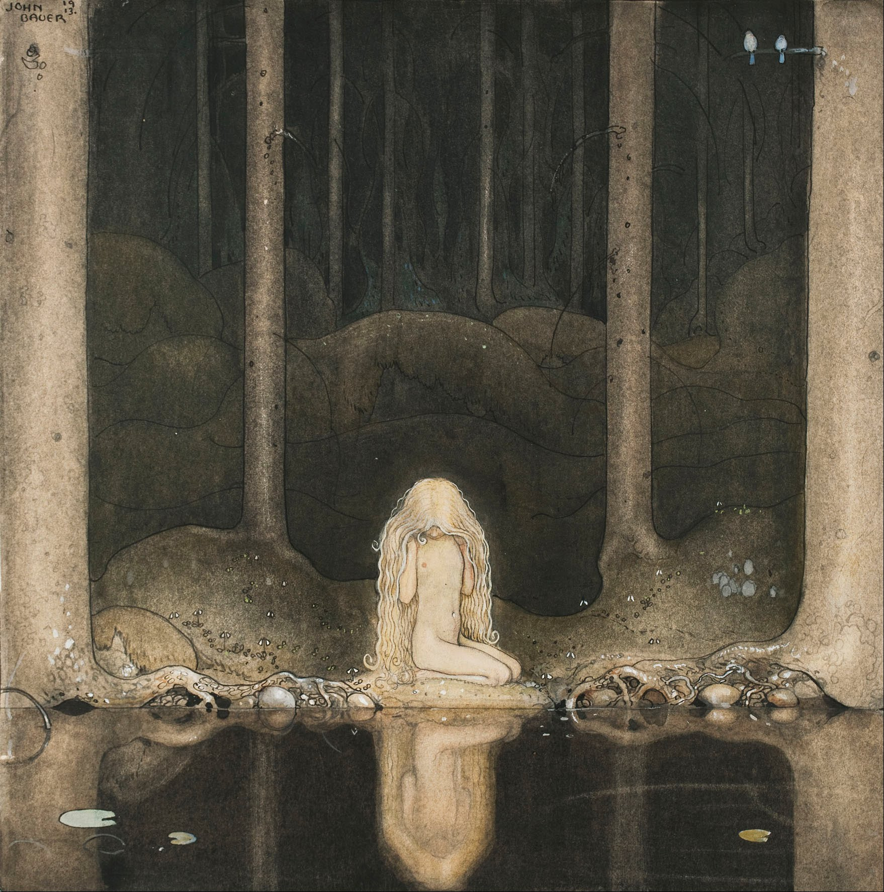 Princess Tuvstarr gazing down into the dark waters of the forest tarn by John Bauer